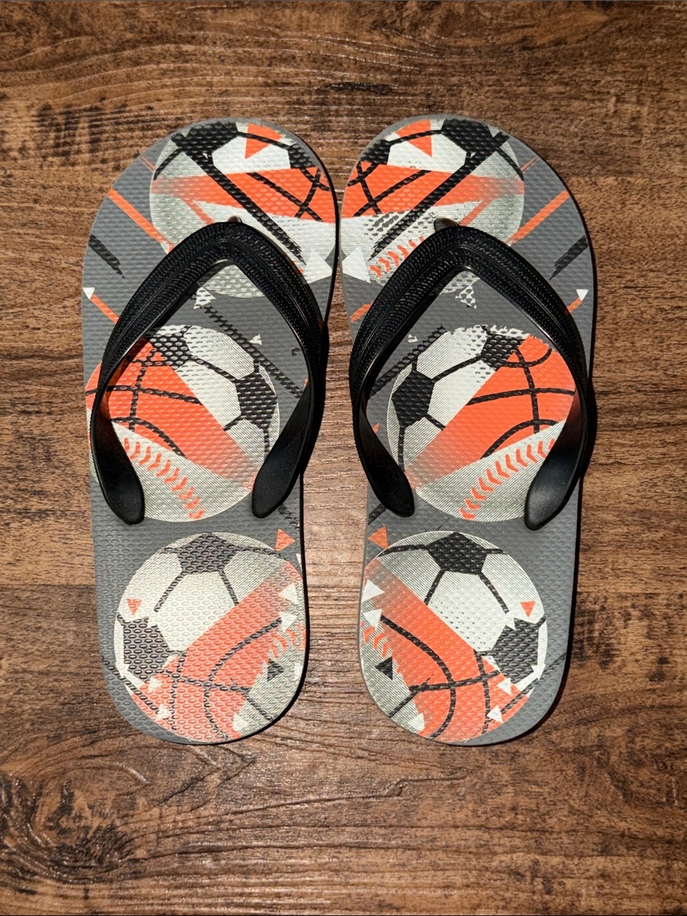 Kids Gray & Orange Sports Print Flip Flops size 5/6 big kids